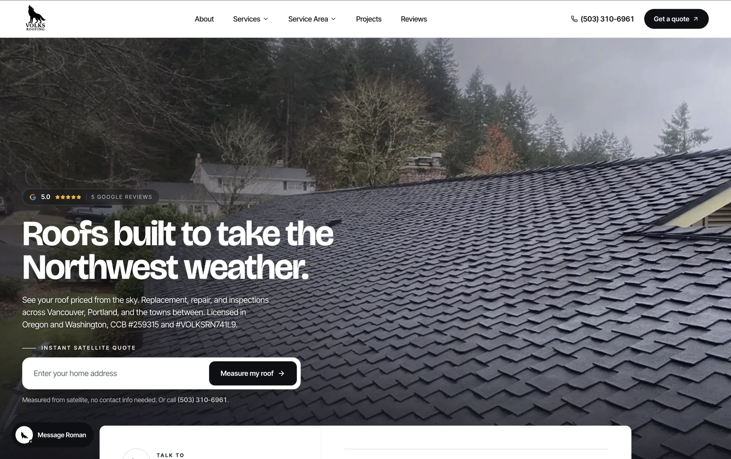 Volks Roofing, roofing website by Contractor Marketing NW